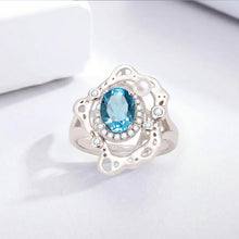 Load image into Gallery viewer, Light Blue Topaz Birthstone Adjustable Ring, December Birthstone 925 Sterling Silver Ring with Zircon Halo, Size 7 Wave Design Coastal Jewelry Gift for Women