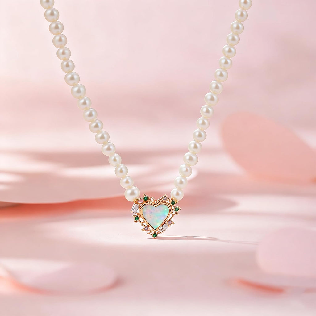 Pearl & Opal Heart Necklace for Women, 14K Gold Plated 925 Sterling Silver, Adjustable Chain with Iridescent Opal & Multi-Color Zirconia, Luxury Birthstone Jewelry Gift