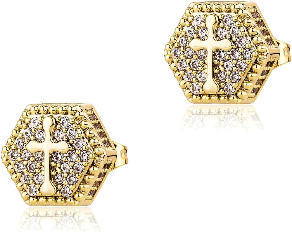 YOSZO Cross Square Stud Earrings 14K Gold Silver 5A+ Cubic Zirconia Iced Out Sparkle hypoallergenic Cartilage 925 Sterling Silver Square Flat Stud Cross Earrings For Men Women