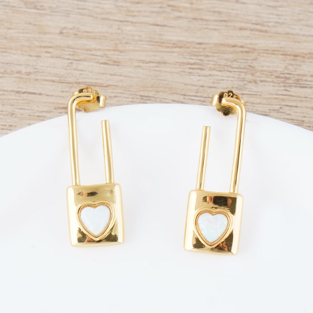 Promise Lock Stud Earrings for Women, 14K Gold Plated 925 Silver Heart Opal Earrings, Romantic Valentine's Day Gift for Girlfriend Wife, Minimalist Love Jewelry