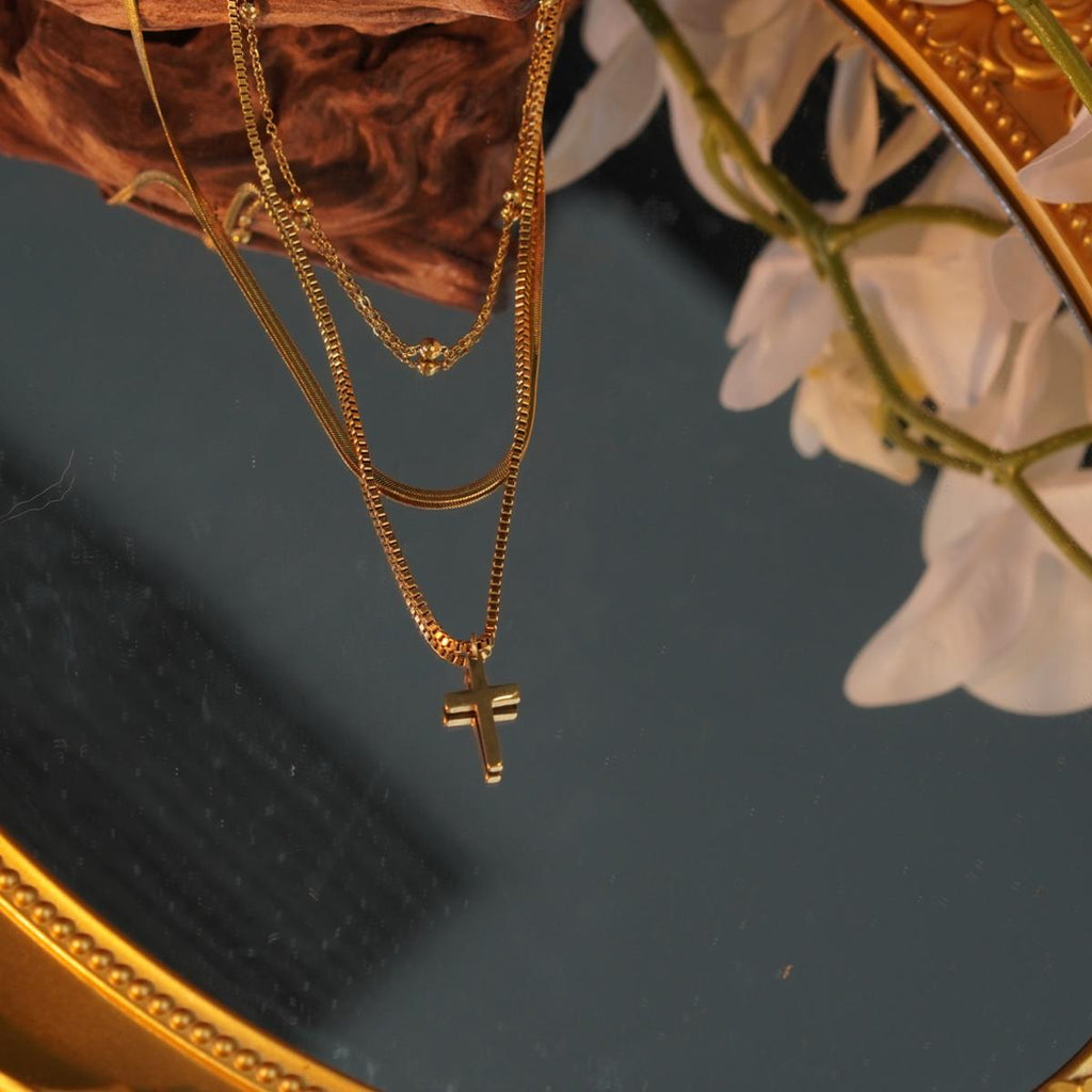 【Necklace】Multi-layer Stainless Steel  Necklace with Vintage Cross Pendant, Stylish Stackable Jewelry for Women
