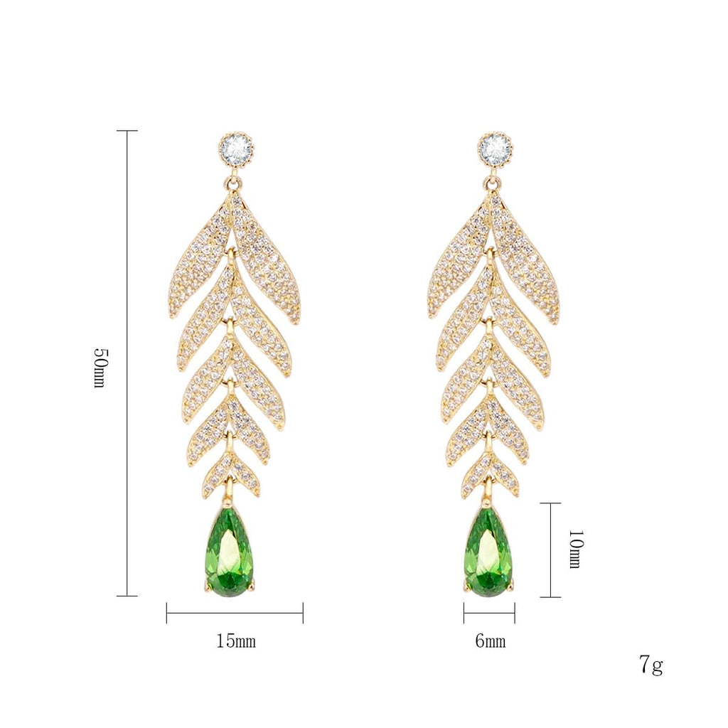Tropical Leaf Drop Earrings for Women, 14K Gold Plated 925 Sterling Silver Dangling Earrings, Leaf Design with Green Zirconia, Luxury Nature Inspired Jewelry Gift
