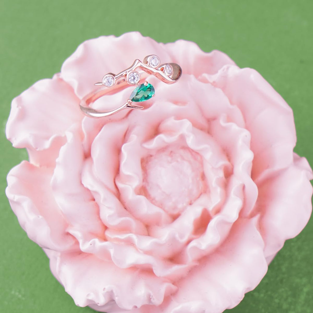 Trendy Ring for Women, 14K Rose Gold Plated 925 Silver Vine Ring with Green Spinel & Zirconia, Nature Inspired Statement Botanical Jewelry Gift for Her