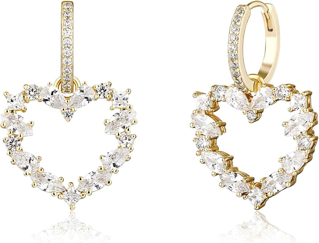 YOSZO Hollow Heart Dangle Huggie Earrings 14K Gold Plated Iced Out Princess Pear Marquise Round Lab Simulated Diamond Cubic Zirconia Dangle Drop Hoop Heart Earrings for Men Women Girls
