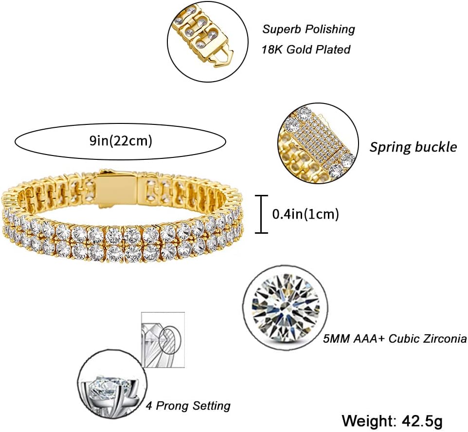 YOSZO 2 Row Tennis Bracelet Iced Out Bling Cubic Zirconia Lab Simulated Diamond Bracelet14K Gold Plated Wrist Chain Hip Hop Jewelry for Men Women