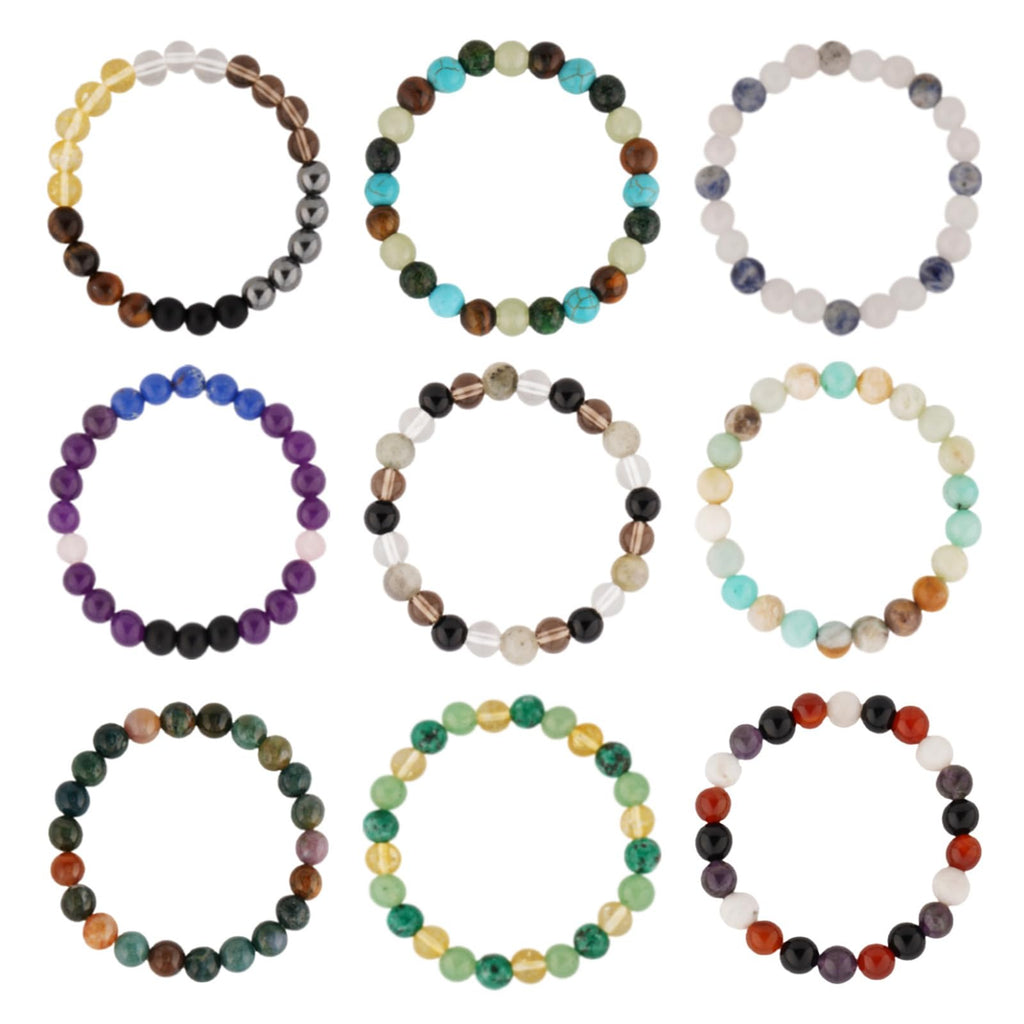 9PCS Healing Crystal Bracelet Set for Women & Men, 8mm Natural Stone Beaded Bracelets for Anxiety Relief, Good Luck & Protection, Unisex Yoga Meditation Spiritual Jewelry Gift