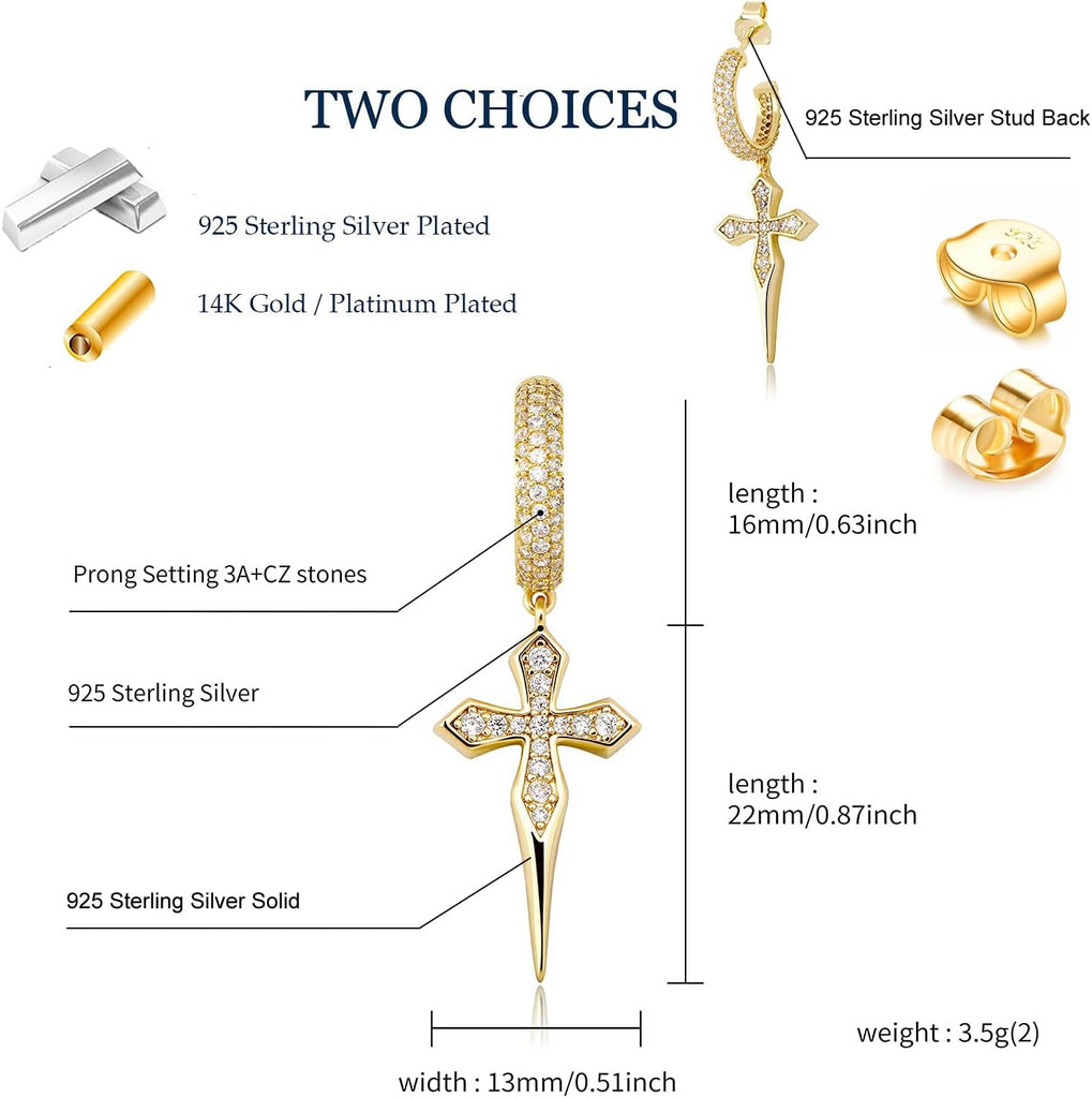 YOSZO Cross Hoop Dangle Earrings 925 Sterling Silver 5A+ Cubic Zirconia 14K Gold Hypoallergenic Cross Hoop Cuff Huggie Drop Earrings For Men Women