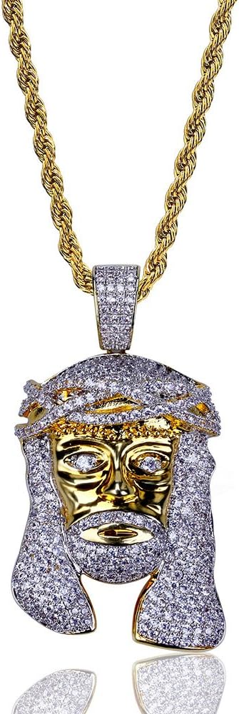 YOSZO Jesus Pendant Necklace Rope Gold Chain for Men Iced out 14K Gold Plated Simulated Diamond Chain Stainless Steel Chain 24 inch