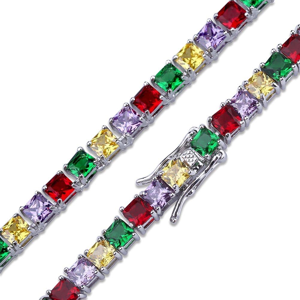 YOSZO 1 Row 4MM Gold Silver Plated Diamond Iced Out Chain Macro Pave Rainbow Square CZ Hip Hop Tennis Necklace and Bracelet