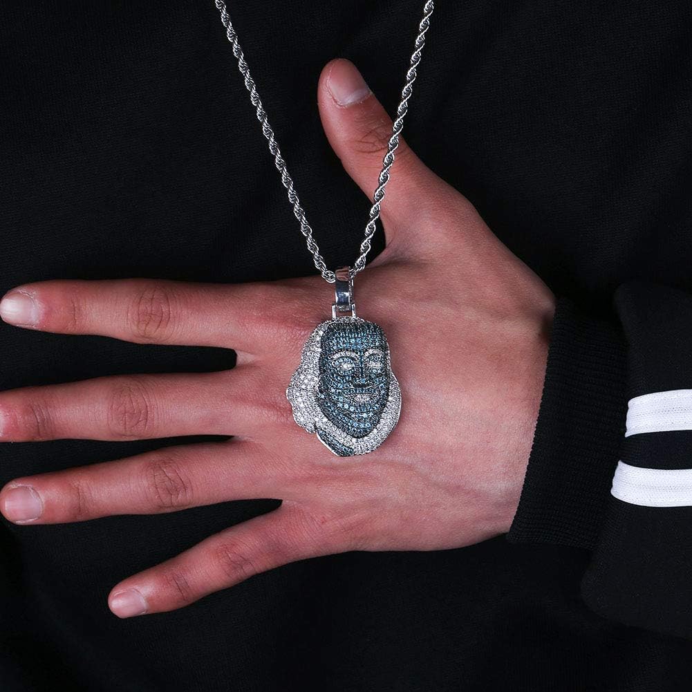 YOSZO Hip Hop 18K White Gold Plated Iced Out Cubic Zirconia Blueface Pendant Necklace with Rope Chain for Men