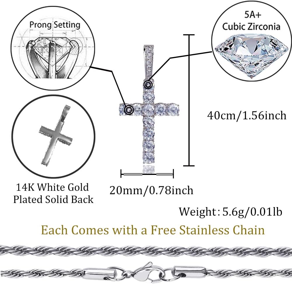 YOSZO Cross Necklace for Men Gold Necklace for Women Gold Heart Cross Jewelry 14K Silver Plated Solid Iced Cubic Zirconia Stainless Steel Pendant Chain