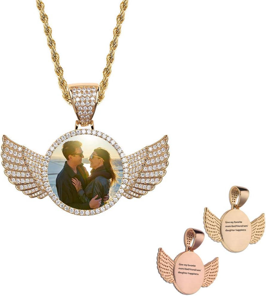 YOSZO Picture Necklace Personalized for Men 18K Gold Plated Angel Wings Heart Text Engrave Custom Photo Pendant for Women