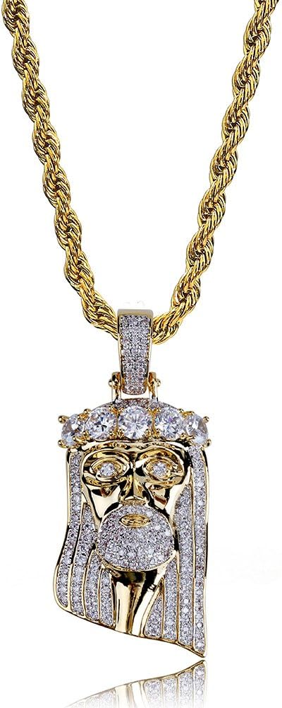 YOSZO Jesus Pendant Necklace Rope Gold Chain for Men Iced out 14K Gold Plated Simulated Diamond Chain Stainless Steel Chain 24 inch