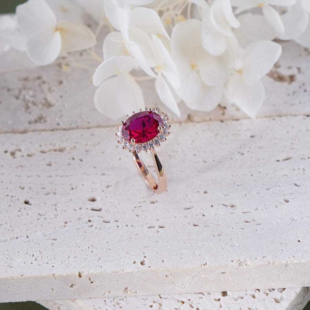 Red Ruby Adjustable Ring for Women, 14K Rose Gold Plated 925 Sterling Silver Ring with Gemstone & Zirconia Halo, Promise Ring for Her