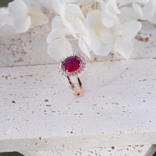 Load image into Gallery viewer, Red Ruby Adjustable Ring for Women, 14K Rose Gold Plated 925 Sterling Silver Ring with Gemstone &amp; Zirconia Halo, Promise Ring for Her