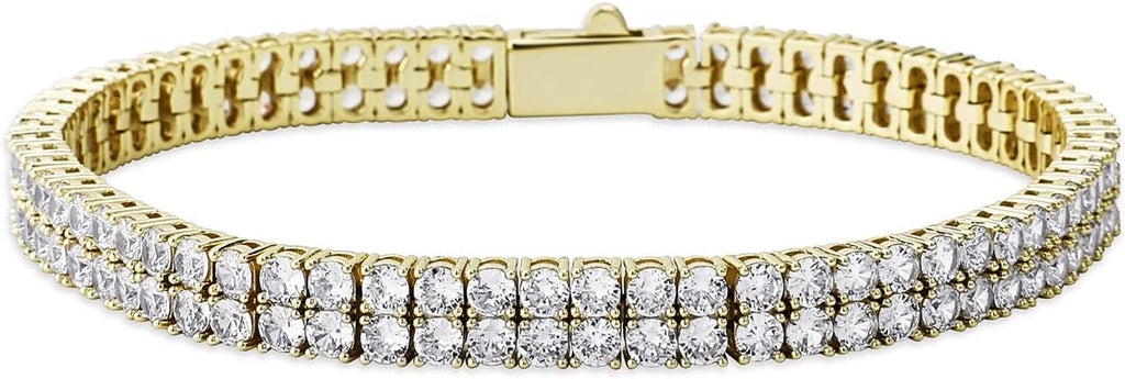 YOSZO 2 Row Tennis Bracelet Iced Out Bling Cubic Zirconia Lab Simulated Diamond Bracelet14K Gold Plated Wrist Chain Hip Hop Jewelry for Men Women