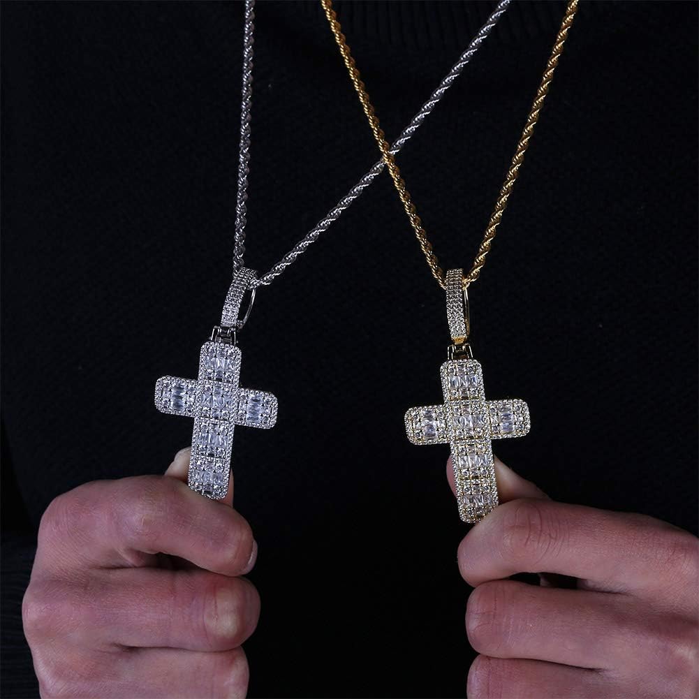 YOSZO Solid Baguette Cross Chain 14K Gold Plated Iced out Pendant Necklace for Men and Women Religious Jewelry