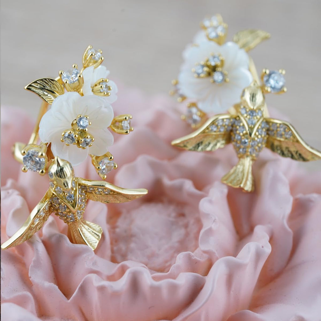 Tropical Rainforest Stud Earrings for Women, 14K Gold Plated S925 Silver Flying Bird & Floral Zircon Earrings, Hypoallergenic Resort Wedding Jewelry Gift