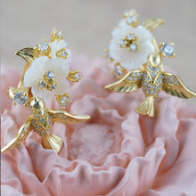 Load image into Gallery viewer, Tropical Rainforest Stud Earrings for Women, 14K Gold Plated S925 Silver Flying Bird &amp; Floral Zircon Earrings, Hypoallergenic Resort Wedding Jewelry Gift