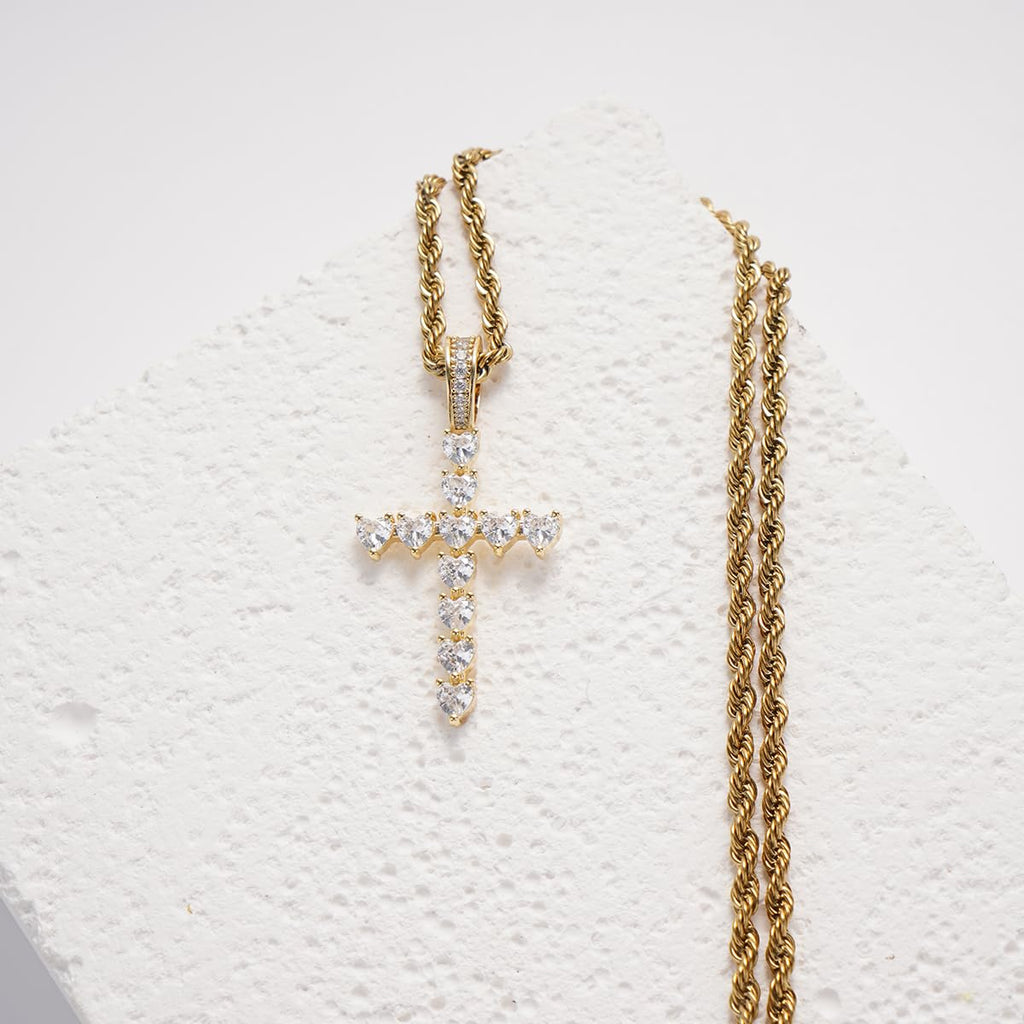 Pendant Necklace Gold or Silver Plated Cross Cubic Zirconia Heart-Cut Rope Chain Elegant Gift for Unisex
