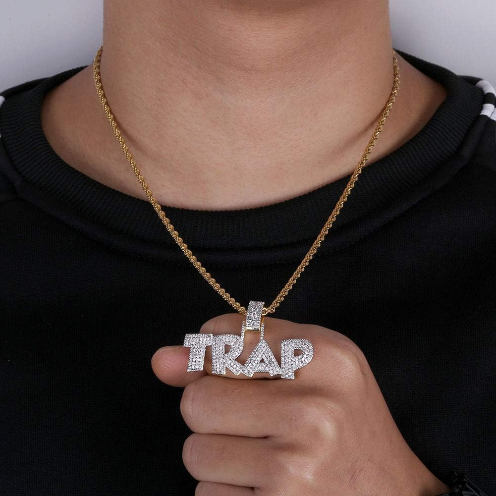 YOSZO Hip Hop Iced Out Trap Letter Pendant 14K Gold Plated Simulated Diamond Cubic Zirconia Bubble Chain Necklace for Men Women Gift