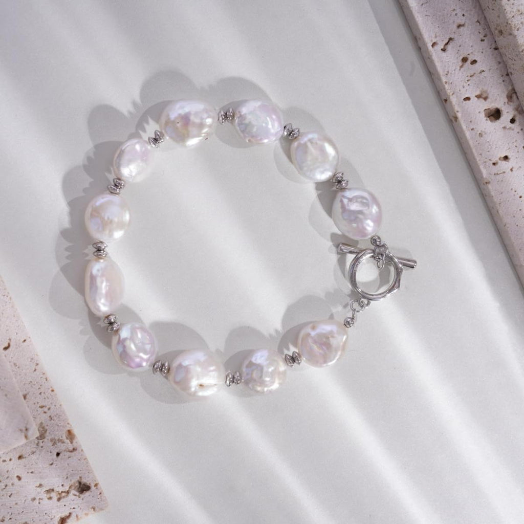 Natural Freshwater Pearl Bracelet  -  Fixed Length 925 Sterling Silver with OT Clasp | Hypoallergenic Women's Gift for Wedding/Birthday