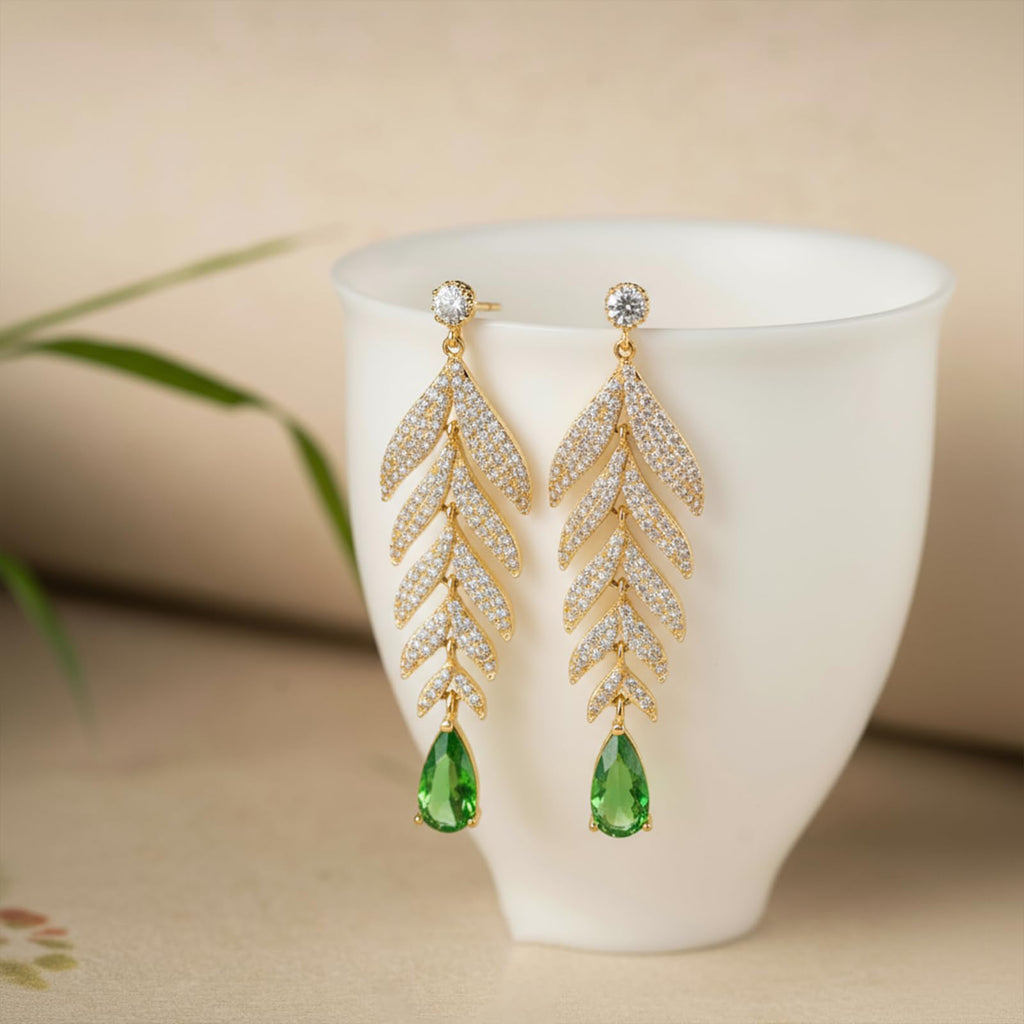 Tropical Leaf Drop Earrings for Women, 14K Gold Plated 925 Sterling Silver Dangling Earrings, Leaf Design with Green Zirconia, Luxury Nature Inspired Jewelry Gift