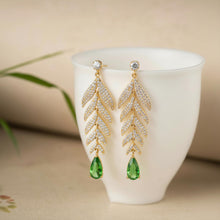 Load image into Gallery viewer, Tropical Leaf Drop Earrings for Women, 14K Gold Plated 925 Sterling Silver Dangling Earrings, Leaf Design with Green Zirconia, Luxury Nature Inspired Jewelry Gift