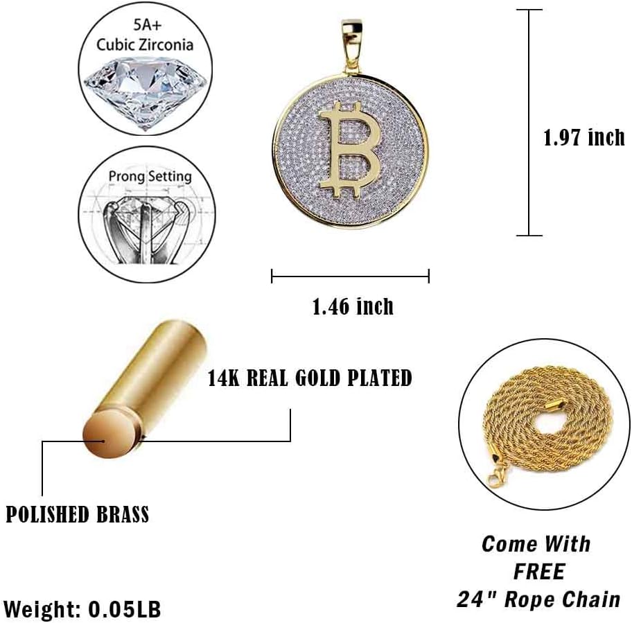 YOSZO Gold Pendant Necklace Men Rope Bitcoin Chain Iced out 14K Gold Plated Cryptocurrency Gold Necklace for Women Stainless Steel Necklace