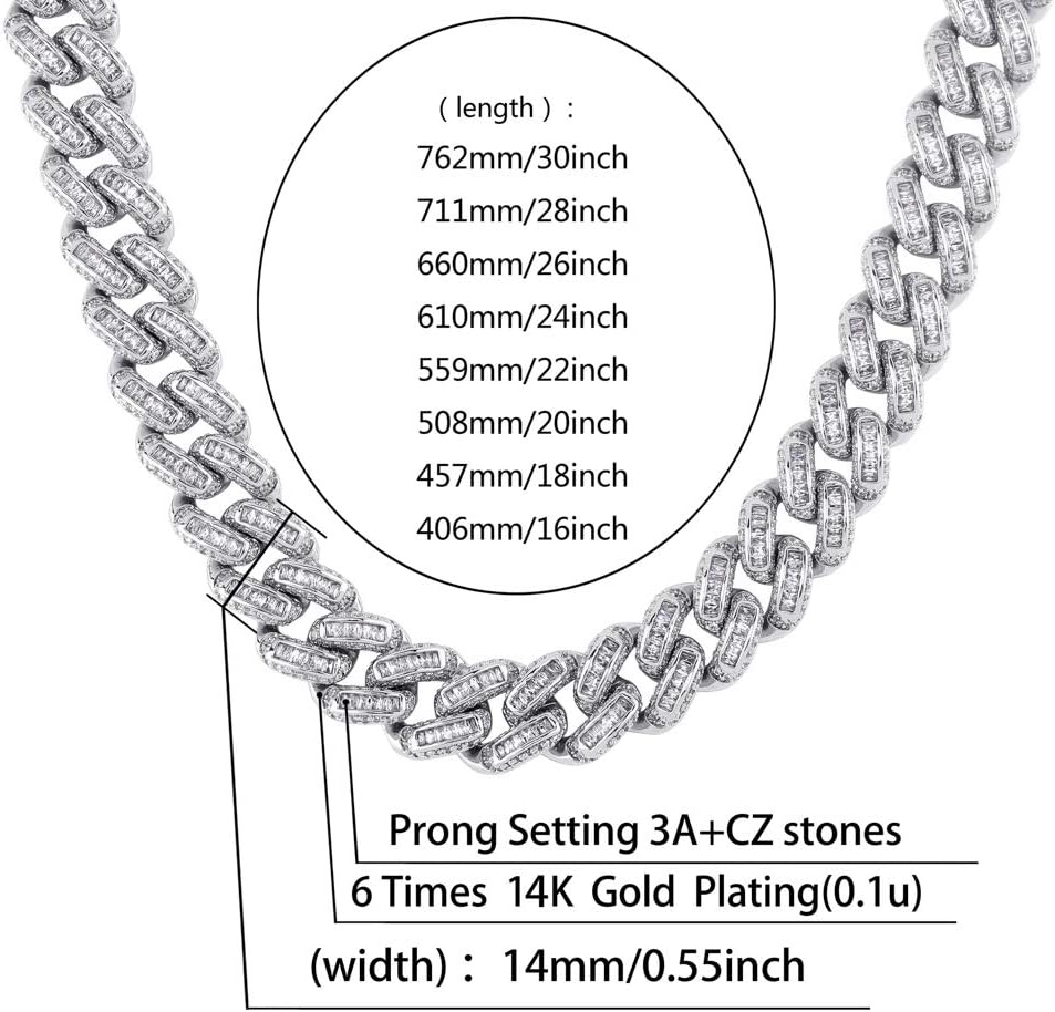 YOSZO Hip Hop 14MM Cuban Link Chain 6 Times 14k Gold Plated Iced Out Bling Round Carre Baguette Cut CZ with Prong Setting Simulated Diamond Chain Necklace for Men