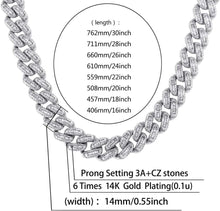 Load image into Gallery viewer, YOSZO Hip Hop 14MM Cuban Link Chain 6 Times 14k Gold Plated Iced Out Bling Round Carre Baguette Cut CZ with Prong Setting Simulated Diamond Chain Necklace for Men