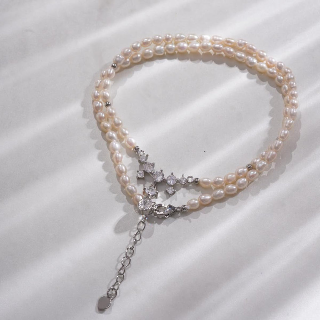 Pearl Necklace for Women, Silver Plated Brass Chain with Freshwater Pearl Beads & Geometric Zirconia Pendant, Adjustable Gift for Her
