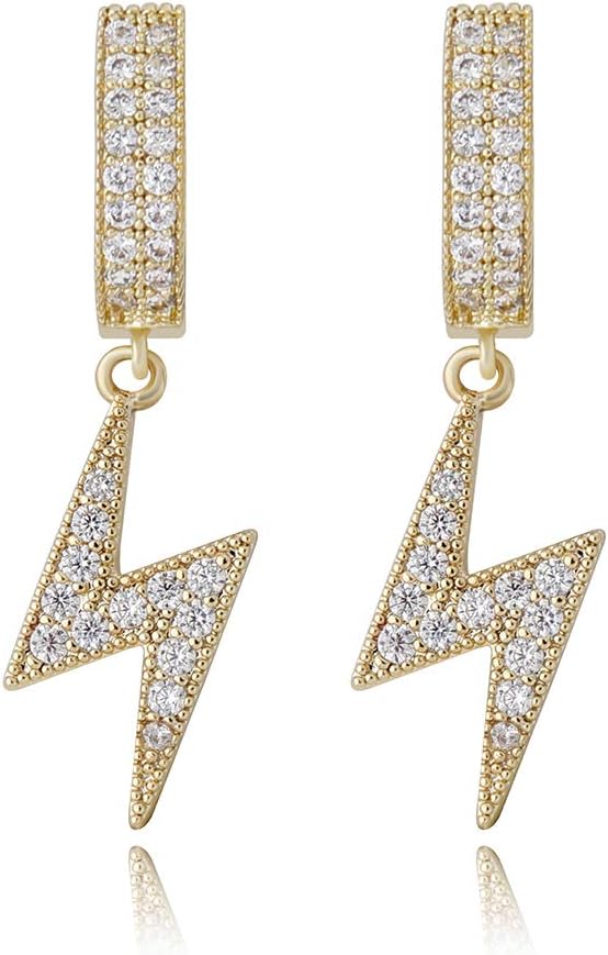 YOSZO Lightning Bolt Dangle Earrings 14K Gold 5A+ Cubic Zirconia Hanging Hoop Lightning Drop Cool Dangling Earrings For Men Women Trendy