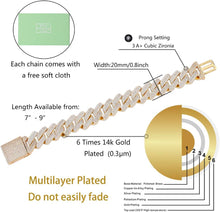 Load image into Gallery viewer, YOSZO 20mm 6 Times 14K Gold Plated Full Iced Out Prong Setting Cubic Zirconia Box Clasp Miami Cuban Link Bracelet for Men Hip Hop