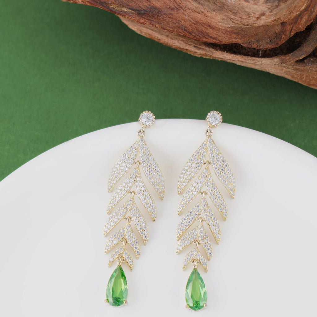 Tropical Leaf Drop Earrings for Women, 14K Gold Plated 925 Sterling Silver Dangling Earrings, Leaf Design with Green Zirconia, Luxury Nature Inspired Jewelry Gift