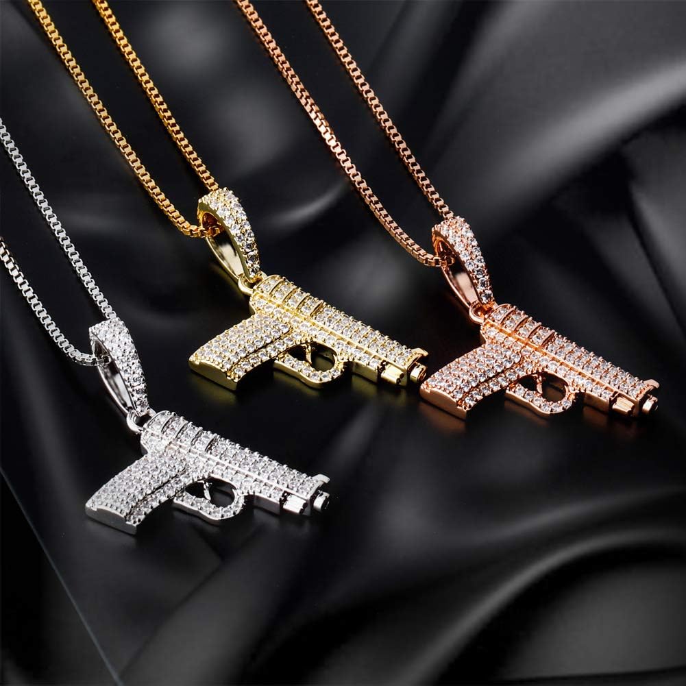 YOSZO 925 Sterling Silver Dainty Rifle Hand Gun Desert Eagle Pendant 14K Gold Plated Fully Iced Out Cubic Zirconia Necklace Gift for Men Women