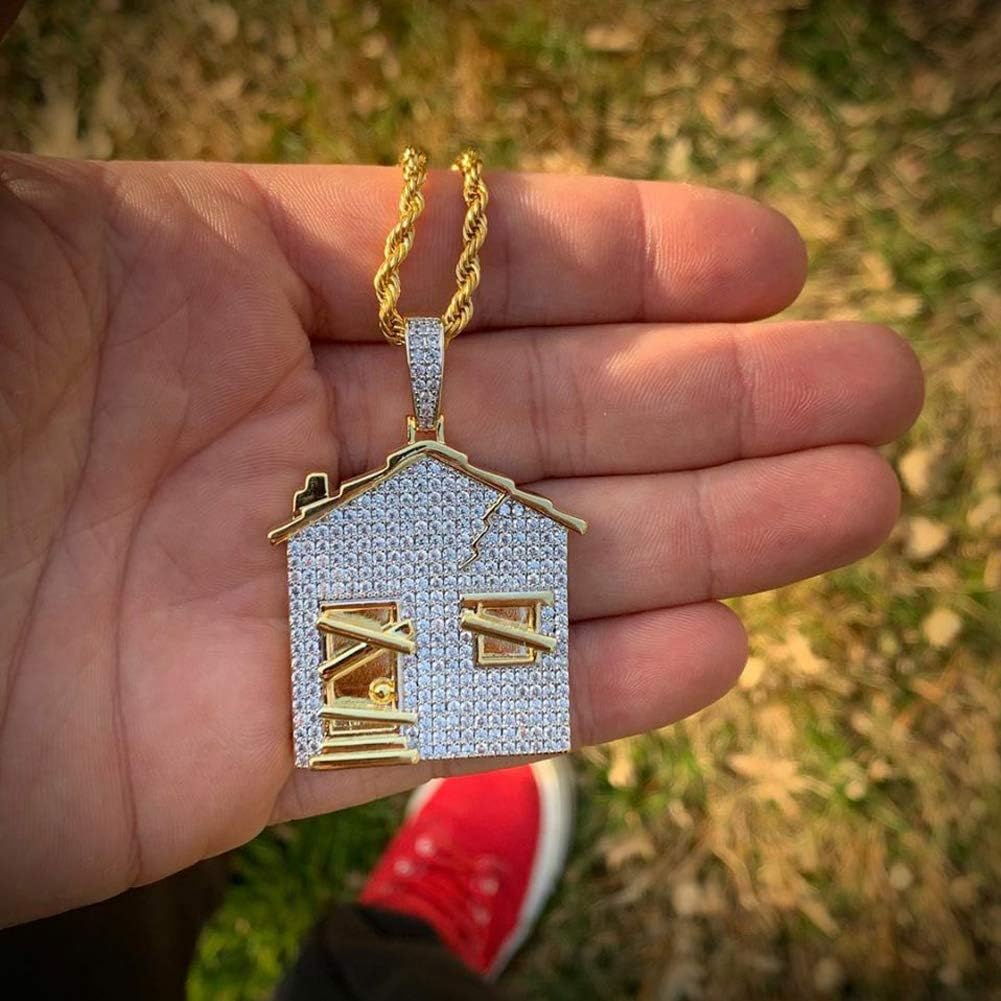 YOSZO Hip Hop Iced Out Trap House Pendant 14k Gold Plated Simulated Diamond Necklace with Rope Chain for Men