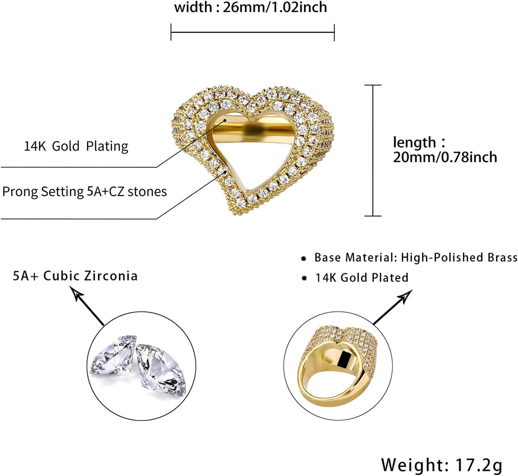 YOSZO Hollow Heart Ring 14K Gold Plated Iced Out Lab Simulated Diamond Cubic Zirconia Eternity Wedding Band Ring for Men Women