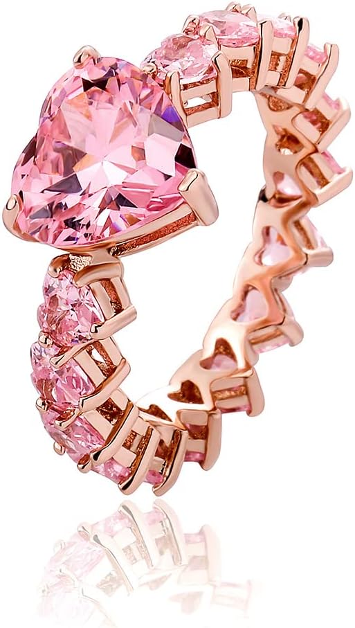 YOSZO Pink Heart Baguette Rings 14K Gold Silver Plated 5A+ Cubic Zirconia Iced Out Bling Promise Wedding Band Love Rings For Women Fashion