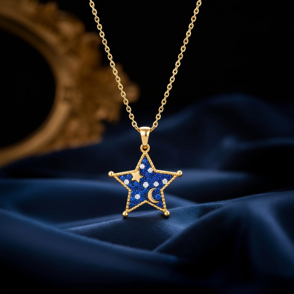 Midnight Sky Necklace for Women, 14K Gold Plated 925 Sterling Silver Star & Moon Pendant, Deep Blue Zirconia with White Sparkling Stones, Adjustable Celestial Jewelry Gift for Lover