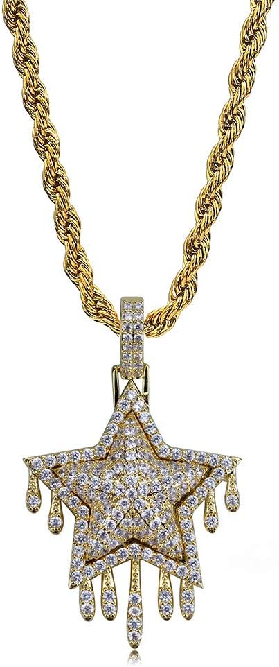 YOSZO 14K Gold Plated Simulated Diamond CZ Drop Pentagram Pendant Chain for Men and Women Necklace Hip Hop Jewelry