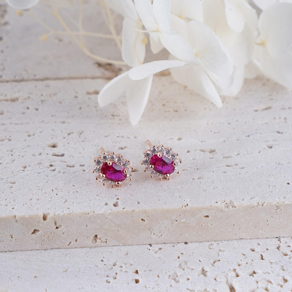 Vintage Halo Oval Stud Earrings for Women, 14K Rose Gold Plated 925 Sterling Silver with Ruby Gemstone & Zirconia, Elegant Gift for Her