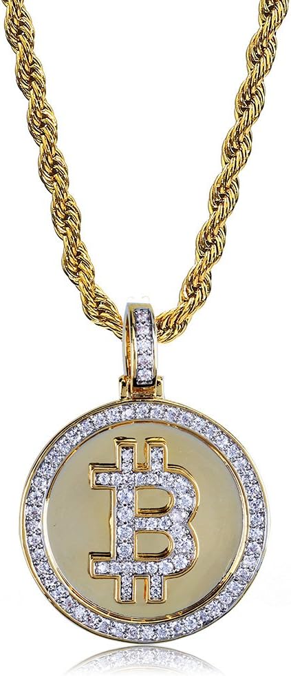 YOSZO Gold Pendant Necklace Men Rope Bitcoin Chain Iced out 14K Gold Plated Cryptocurrency Gold Necklace for Women Stainless Steel Necklace