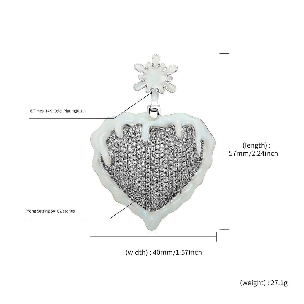 Iced Out Snow Frozen Heart Pendant Necklace for Men & Women, 14K Gold Plated Micro Pave CZ Stone Jewelry, Hip Hop Pendant