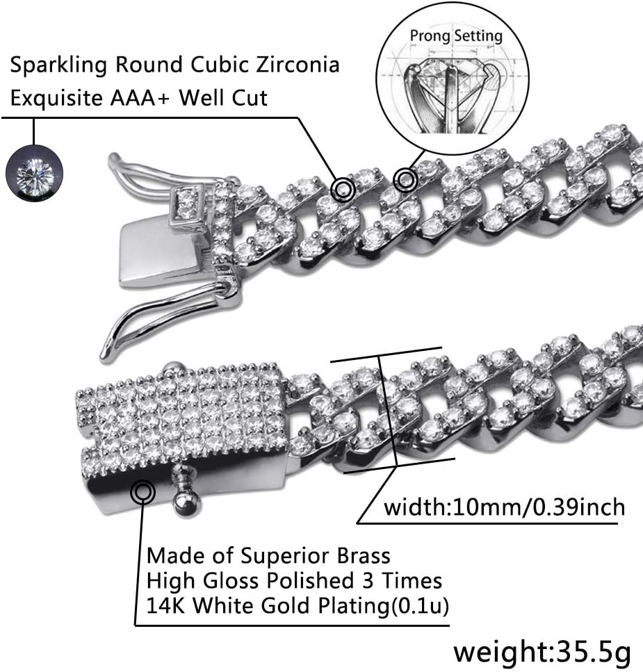 YOSZO 10mm Iced out Lab Diamond Prong Long Buckle Miami Cuban Link Bracelet Luxury Jewelry Gift for Men Women Hip Hop