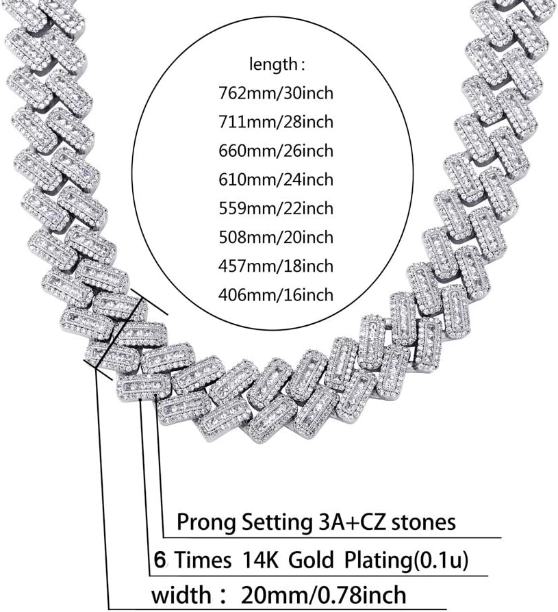 YOSZO 20MM 6 Times 14k Gold Plated Cuban Link Chain Full Iced Out Bling Round Baguette Cut Cubic Zirconia with Prong Setting Simulated Diamond Chain Choker Necklace for Men Women