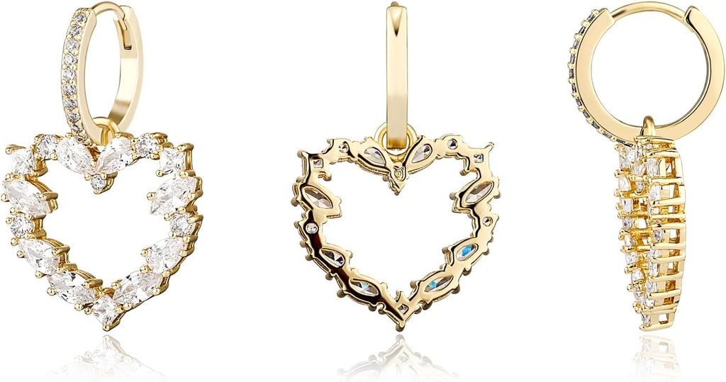 YOSZO Hollow Heart Dangle Huggie Earrings 14K Gold Plated Iced Out Princess Pear Marquise Round Lab Simulated Diamond Cubic Zirconia Dangle Drop Hoop Heart Earrings for Men Women Girls