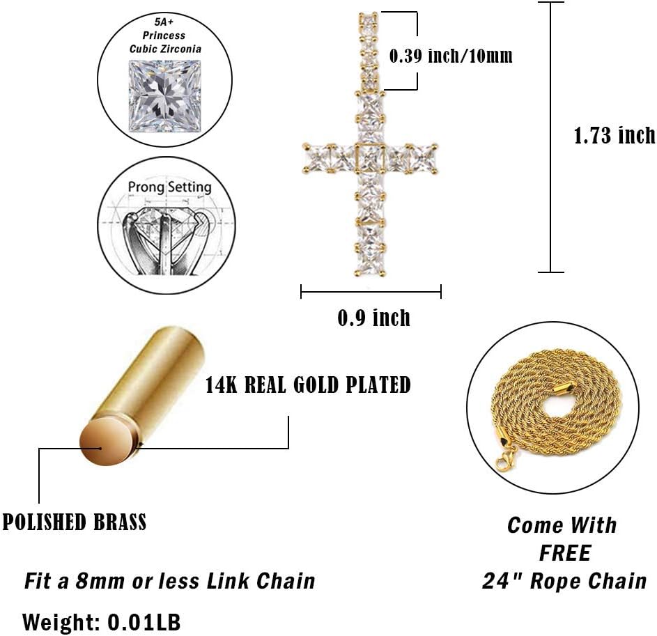 YOSZO Cross Necklace Men Gold Princess Diamond Cross Chain Iced out 14K Gold Plated Cubic Zirconia Pendant Necklace for Women 24 Stainless Steel Chain Gold Jewelry