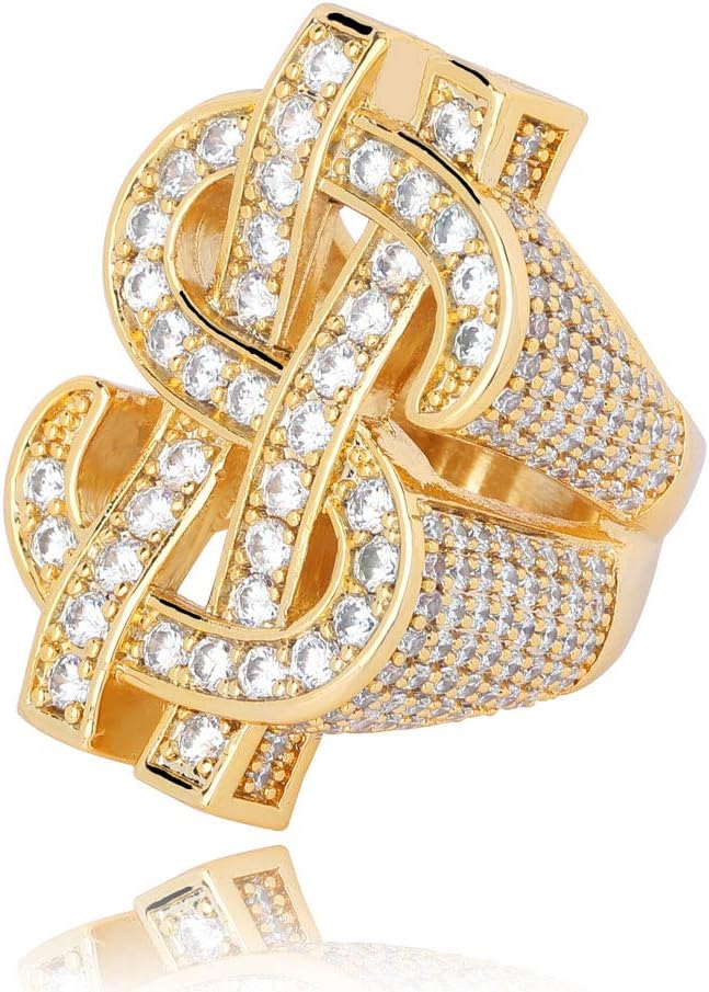 YOSZO Hip Hop Big US Dollar Sign Rings 18K Gold Plated Iced Out Cubic Zirconia Bling Pinky Ring for Men