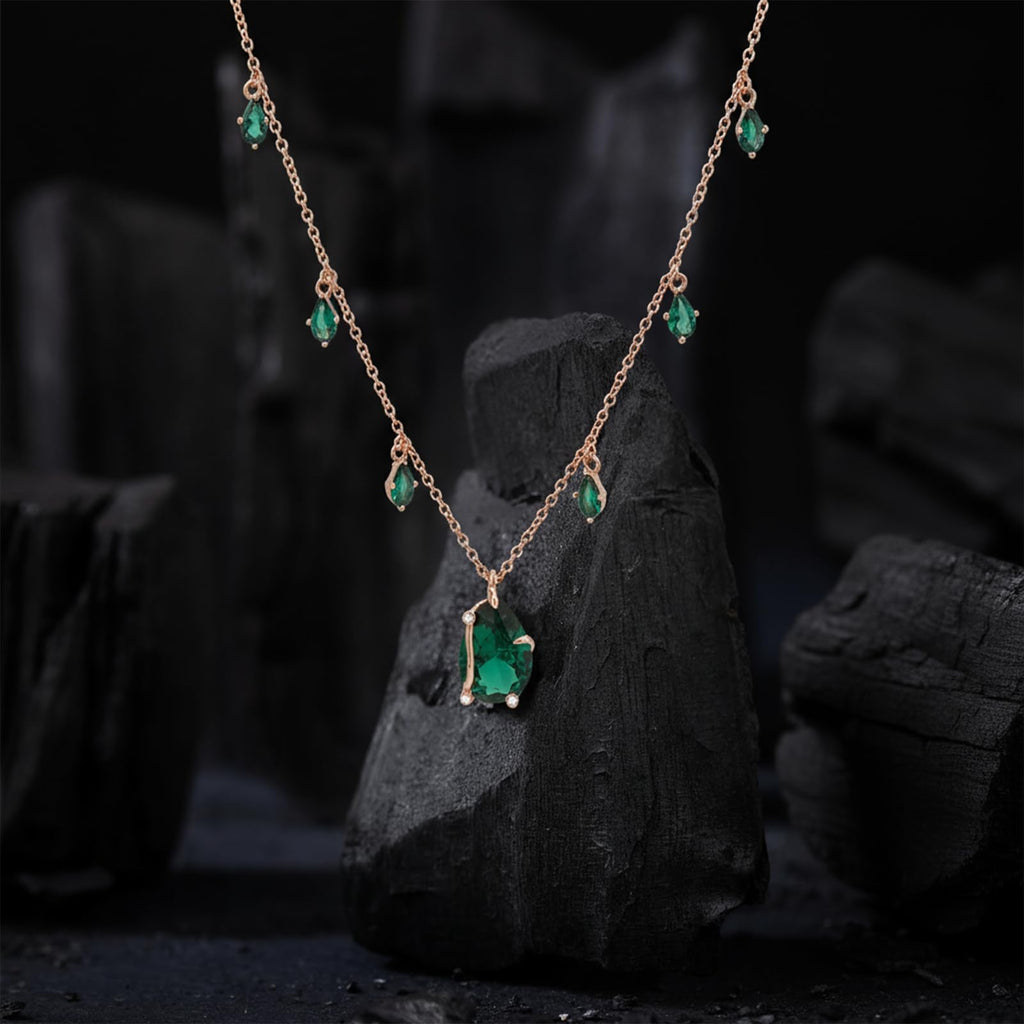 Dainty Necklace for Women, Rose Gold Plated S925 Sterling Silver Chain with Green Gemstone Teardrop Pendant, Adjustable Minimalist Birthstone Gift for Her